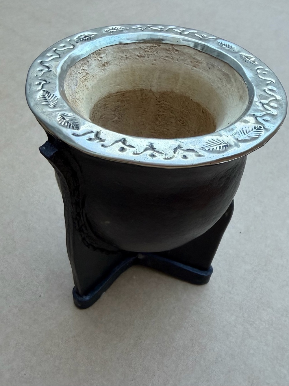 Vintage Yerba Mate Gourd Cup Leather Wrapped Metal Rim 5.5” Tall